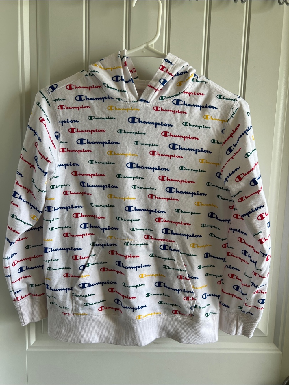 Champion White Hooded Sweatshirt with Multicolor Logo Print